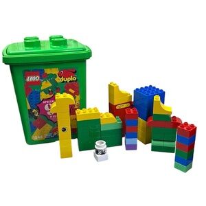 Lego Duplo 1844 VTG 74 Pieces Building Block Set w/ Green Storage Bucket Tote